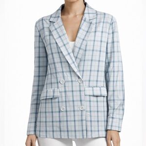 Lola‎ May Plaid Double Breasted Blazer Light Blue White Womens Size 6